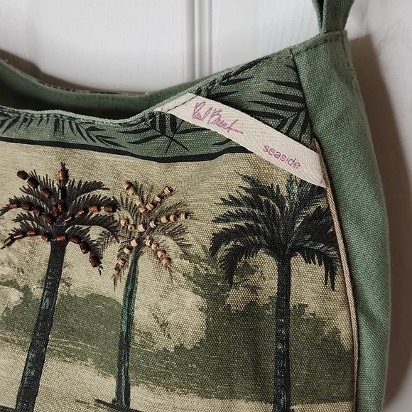Paul Brent Palm Tree purse handbag canvas beaded army green - Picture 3 of 11